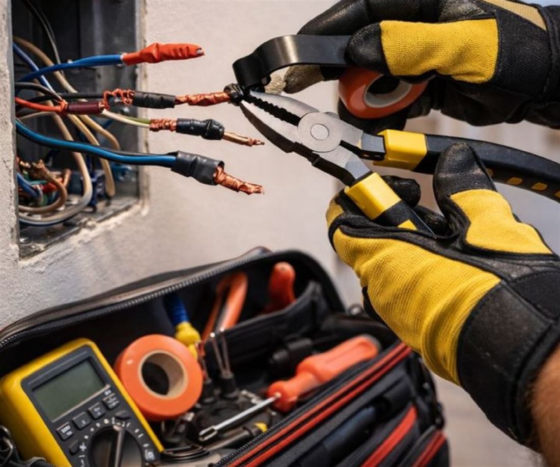 Electrician working on wiring with tools