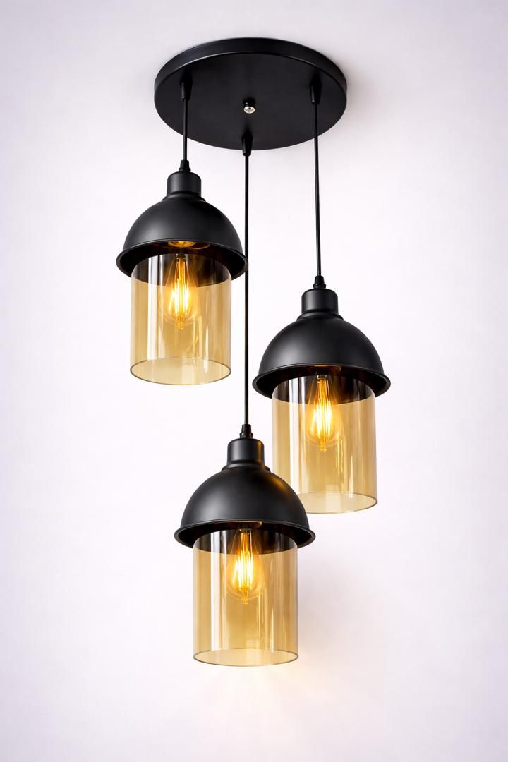 Three-light dome pendant with amber glass shades