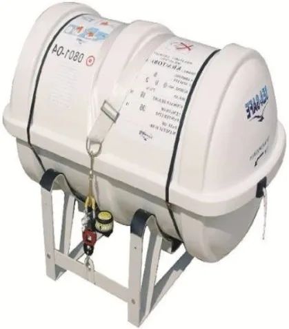 Marine life raft in a white canister on a cradle