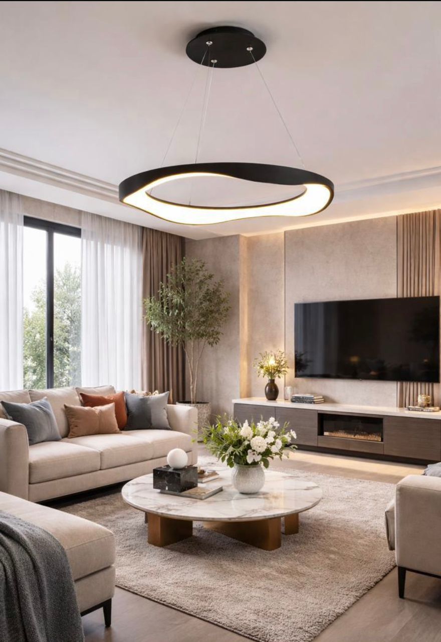 Wavy black ring LED pendant light in a modern living room