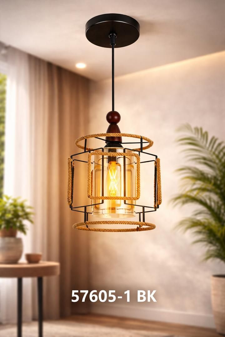 Rope-cage pendant light with wood finish and amber glass