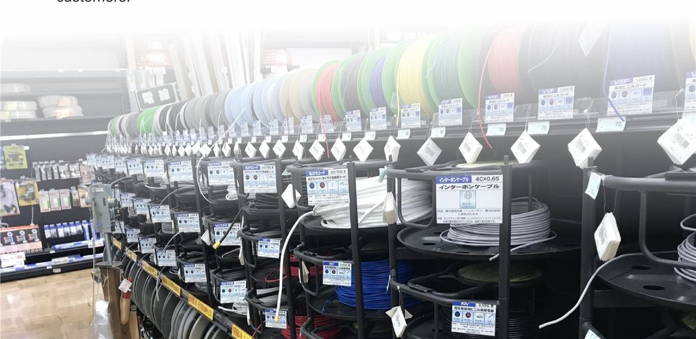 Long aisle of an electrical supply store with stacked wire reels