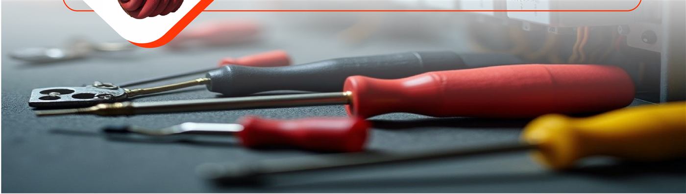 Close-up of red and yellow handled screwdrivers and electrical tools